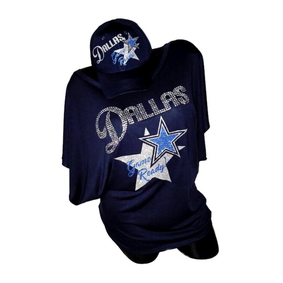 Dallas Game Ready Navy Flowy Hi/Lo Top with Shiny Lettering and Crystals. - Picture 3 of 5